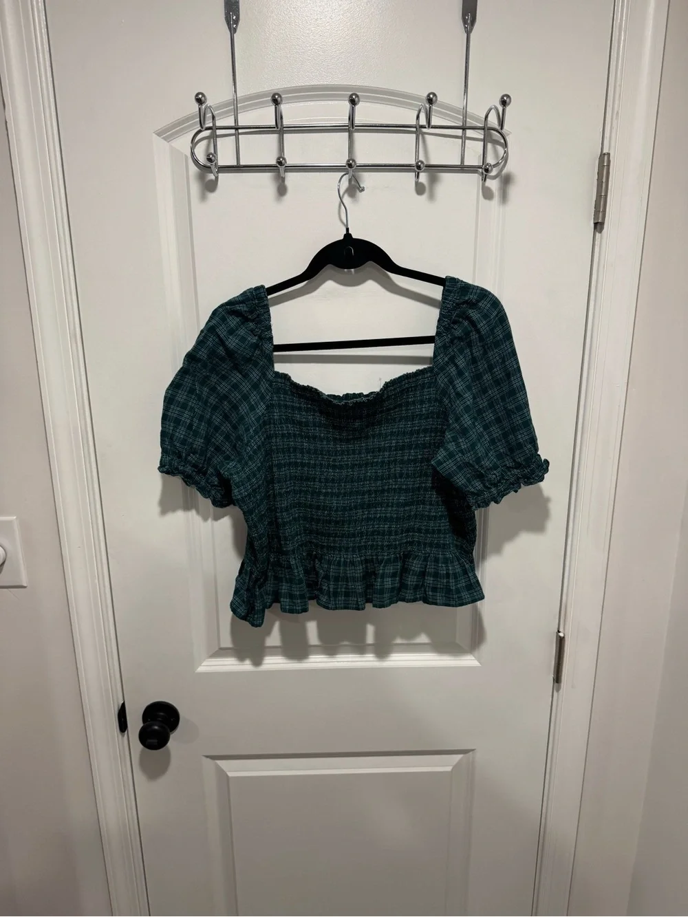 J. Crew Green Plaid Smocked Peplum Blouse